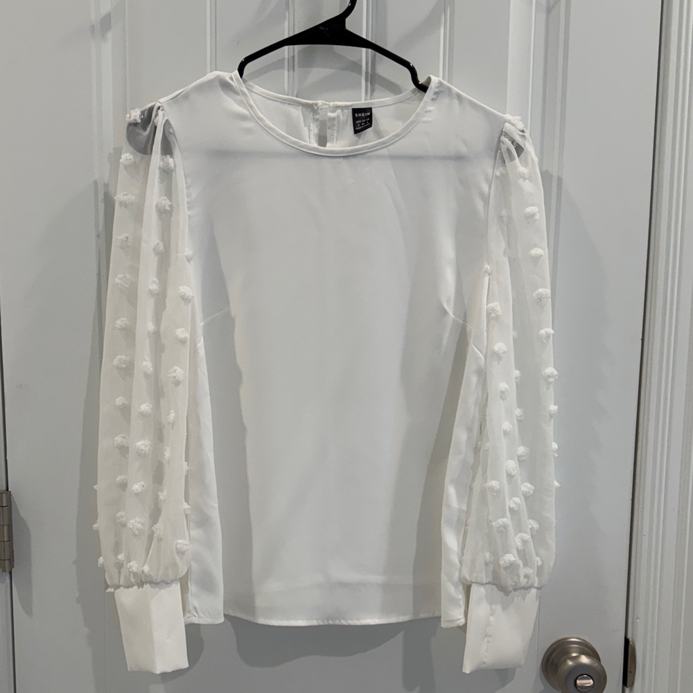 SHEIN White Sheer Puff-Sleeve Dotted Blouse